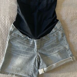 1822 Denim Black and White Striped maternity Shorts